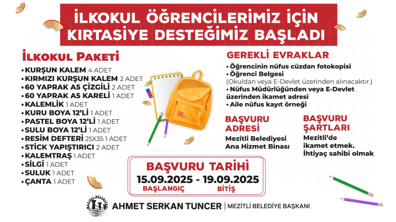 MEZİTLİ BELEDİYESİ’NDEN ÖĞRENCİLERE KIRTASİYE DESTEĞİ BAŞVURULARI BAŞLADI